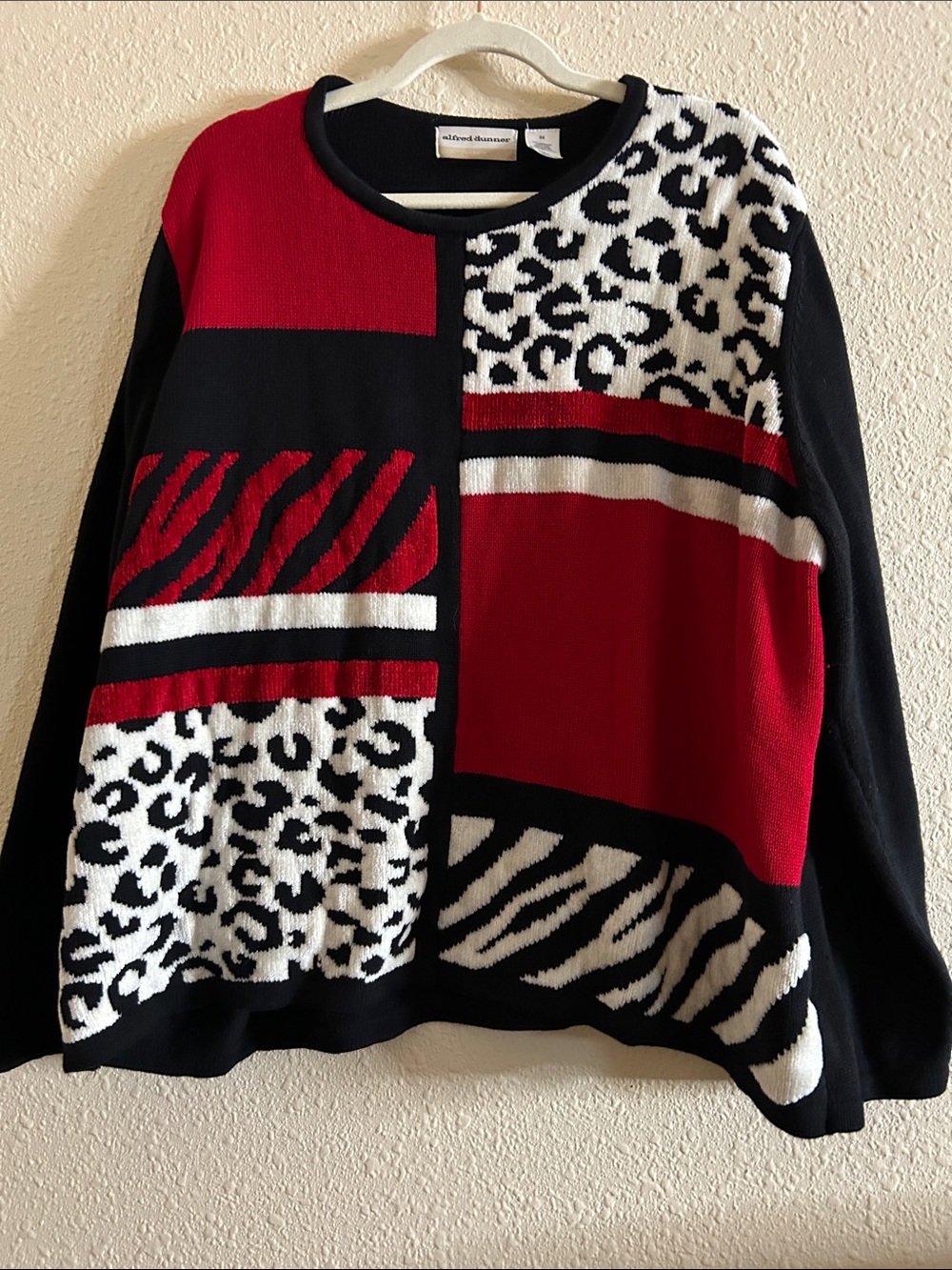 Alfred Dunner Red, Black & White Animal Print Colorblock Crewneck Sweater